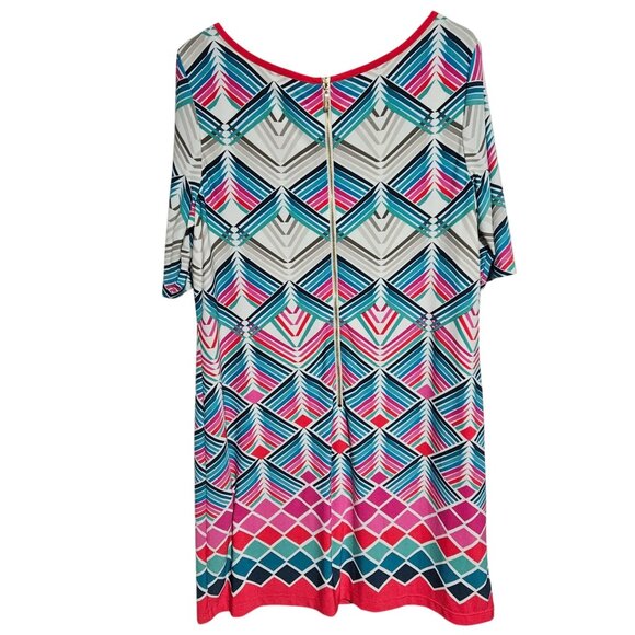 Eliza J Shift Dress Womens Size 16 Geometric Print Blue Pink White Back Zipper - Picture 2 of 9